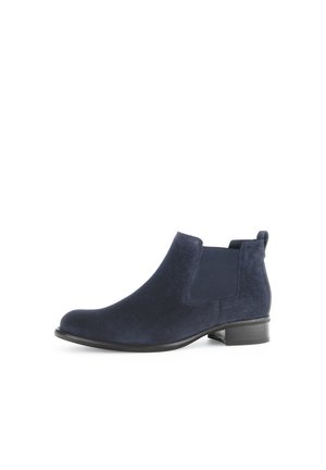 Navy blue suede ankle boot with elastic side panels, a rounded toe, and a low block heel. Smooth texture with minimal detailing.