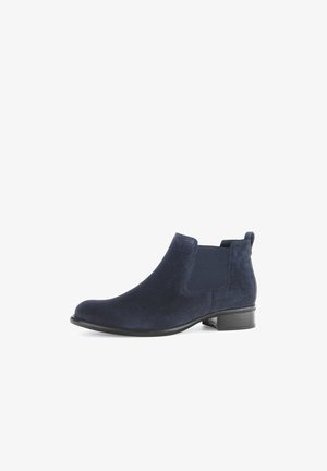 Navyblaue Wildleder-Stiefelette mit seitlichen elastischen Einsätzen, runder Zehenform und niedrigem Blockabsatz. Glatte Textur mit minimalen Details.