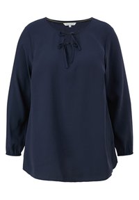 Laivastonsininen pitkähihainen paita, jossa on pyöreä pääntie, nyöritysosa edessä ja elastiset hihansuut, valmistettu sileästä kankaasta.