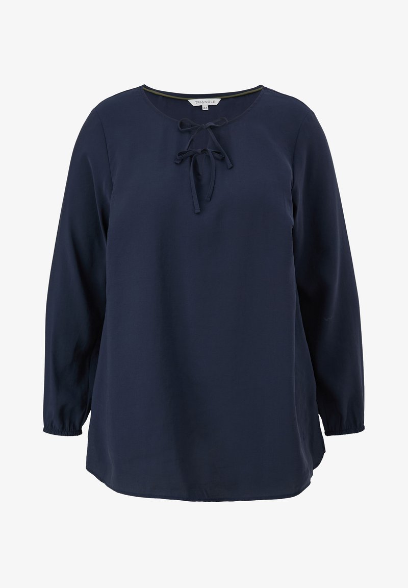 Navyblauwe blouse met lange mouwen, een ronde halslijn, trekkoorddetail aan de voorkant en elastische manchetten, gemaakt van gladde stof.
