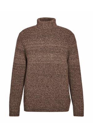 Bruine gebreide coltrui met een gestructureerde afwerking en contrasterende horizontale strepen. Losse pasvorm met lange mouwen en geribbelde boorden.