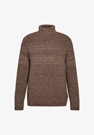 Brauner, gestrickter Rollkragenpullover mit strukturierter Oberfläche und kontrastierenden horizontalen Streifen. Lockerer Schnitt mit langen Ärmeln und gerippten Bündchen.