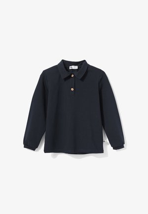 Granatowa koszulka polo z długim rękawem, dwoma drewnianymi guzikami i klasycznym kołnierzykiem, prezentowana na białym tle.