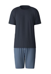 Navy blue cotton t-shirt with short sleeves paired with patterned shorts in blue and white geometric design, featuring an elastic waistband.