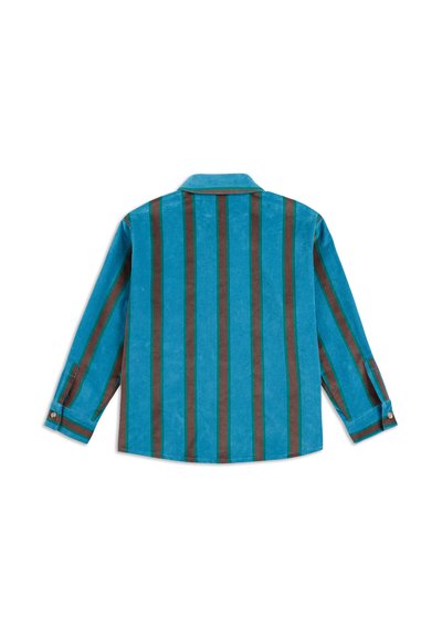Tirkizna kordna košulja s vertikalnim smešnim prugama. Sadrži ovratnik, dugmad na manžetama i ravni rub. Prikazan stražnji pogled.