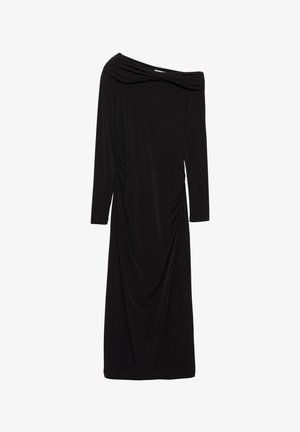 Zwarte jurk met lange mouwen en een ontwerp dat de schouders vrijlaat. Heeft een geplooide textuur aan de zijkant voor een gedrapeerd effect. Zachte stof.