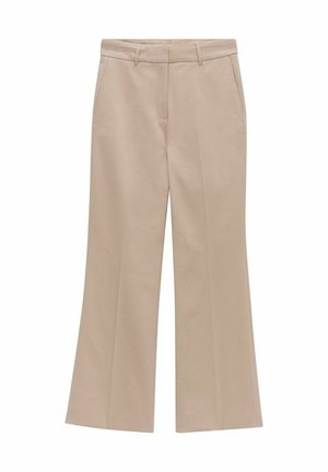 Beige, utsvängda byxor i mjukt tyg; har en slät front, bälteshällor och sidofickor. Ren, skräddarsydd design.
