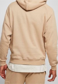 Beige hoodie, gemaakt van zacht katoen, relaxed fit, ribgebreide mouwen en zoom, eenvoudige ontwerp, gelaagd over een lichtgrijze shirt.