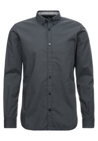 Heren donkergrijs overhemd met knopen, voorzien van een gestructureerd patroon, lange mouwen en een klassieke kraag met contrasterende binnenvoering.
