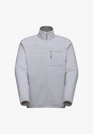 Lys grå fleecejakke med høj krave, frontlynlås og brystlomme; har en glat tekstur og minimalistisk design.