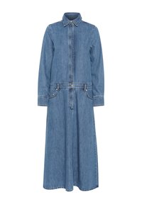 Jeanskleit pika jätkette, kraega ja nööbiga ees. Omab kahte esipocketit ja kokku tõmmatud talje, keskmise sinise pesuga.
