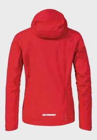 Red waterproof jacket with a hood, elastic cuffs, and adjustable hem, featuring a smooth texture and reflective accents on the back.