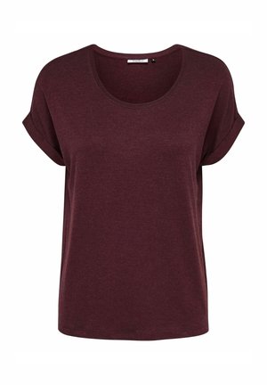 Burgundowa koszulka z krótkim rękawem, okrągłym dekoltem, miękką fakturą, luźnym krojem i podwiniętymi rękawami. Prosty design bez wzorów czy akcentów.