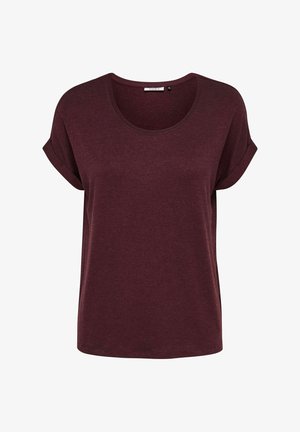 Burgundowa koszulka z krótkim rękawem, okrągłym dekoltem, miękką fakturą, luźnym krojem i podwiniętymi rękawami. Prosty design bez wzorów czy akcentów.