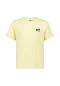 Gele katoenen t-shirt met korte mouwen, voorzien van een klein logo in blauw en groen op de linkerborst. Eenvoudige ronde hals.