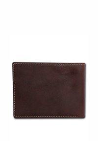 Portefeuille en cuir marron avec une texture lisse, de forme rectangulaire et des coutures blanches autour des bords. Aucun matériel ni motif visible.