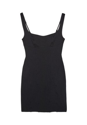 Robe mini noire sans manches avec encolure carrée et fines bretelles réglables, silhouette ajustée.