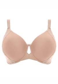 Reggiseno imbottito beige con dettagli in pizzo, coppe senza cuciture, spalline regolabili e una fessura al centro davanti. Texture morbida, finitura liscia.