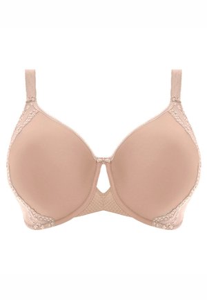 Beige gevoerde beha met kantaccenten, naadloze cups, verstelbare bandjes en een sleutelgaatje detail aan de voorkant. Zachte textuur, gladde afwerking.