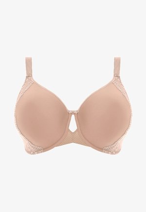 Beige gepolsterter BH mit Spitzenakzenten, nahtlosen Cups, verstellbaren Trägern und einem Schlüssellochdetail in der Mitte vorne. Weiche Textur, glatte Oberfläche.