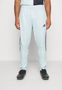 Helles blaues Sporthose mit schwarzen Seitenstreifen und elastischem Bund, kombiniert mit schwarzen Fußballschuhen. Das Material scheint glatt und dehnbar zu sein.