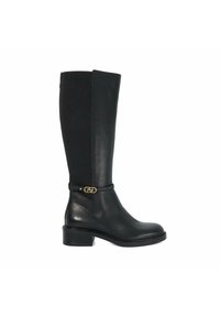 Bottes noires montantes avec un bout en cuir et une tige en tissu extensible. Présente un accent en métal doré autour de la cheville et un petit talon.