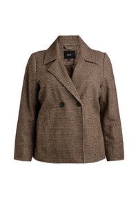 Braune Hahnentritt-Doppelreiherjacke mit breiten Revers, zwei Fronttaschen und schwarzen Knöpfen. Weicher, strukturierter Stoff. Markenlabel sichtbar.