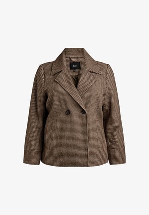 Pruun houndstooth musteriga kahekordne jakk, millel on laiad kraed, kaks eesmist taskut ja mustad nööbid. Pehme, tekstuuriga materjal. Brändi silt on nähtav.