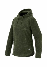 Sweat à capuche à enfiler en maille chinée vert foncé, manches longues, capuche à cordon et ourlet courbé.