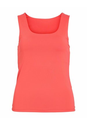 Maiou coral fără mâneci cu decolteu pătrat și material neted, prezentat pe fundal alb.