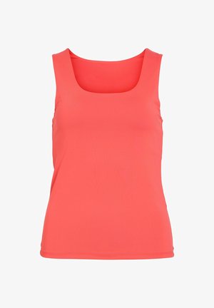 Camiseta sin mangas coral con escote cuadrado y tela lisa, mostrada sobre un fondo blanco.