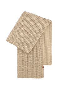 Beżowy, dziany szalik o prążkowanej fakturze, z prostymi krawędziami i małą metką z logo w jednym rogu.