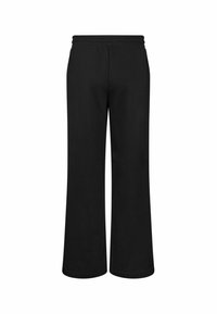 Pantaloni negri evazaţi, cu o croială lejeră, prevăzuţi cu o talie elastică şi o textură fină a materialului. Fără modele sau accente vizibile.