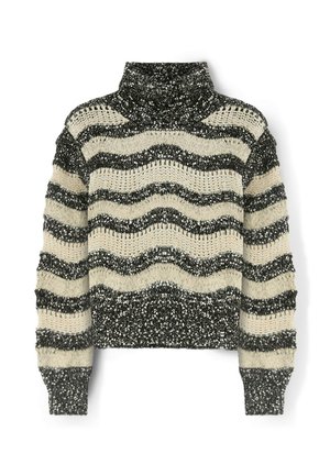 Strickpullover mit Rollkragen, der abwechselnd schwarze und cremefarbene wellenförmige Streifen aufweist, mit einer strukturierten, flauschigen Oberfläche und gerippten Bündchen.