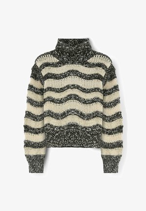 Strickpullover mit Rollkragen, der abwechselnd schwarze und cremefarbene wellenförmige Streifen aufweist, mit einer strukturierten, flauschigen Oberfläche und gerippten Bündchen.
