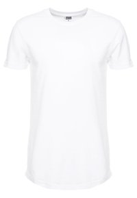 Weißes T-Shirt mit kurzen Ärmeln aus Baumwolle, ausgestattet mit einem klassischen runden Ausschnitt, geradem Saum und aufgerollten Ärmeln für eine lockere Passform.