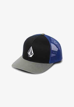 Cappellino trucker in mesh nero e blu con visiera grigia, caratterizzato da un logo bianco sul pannello frontale e un design strutturato.