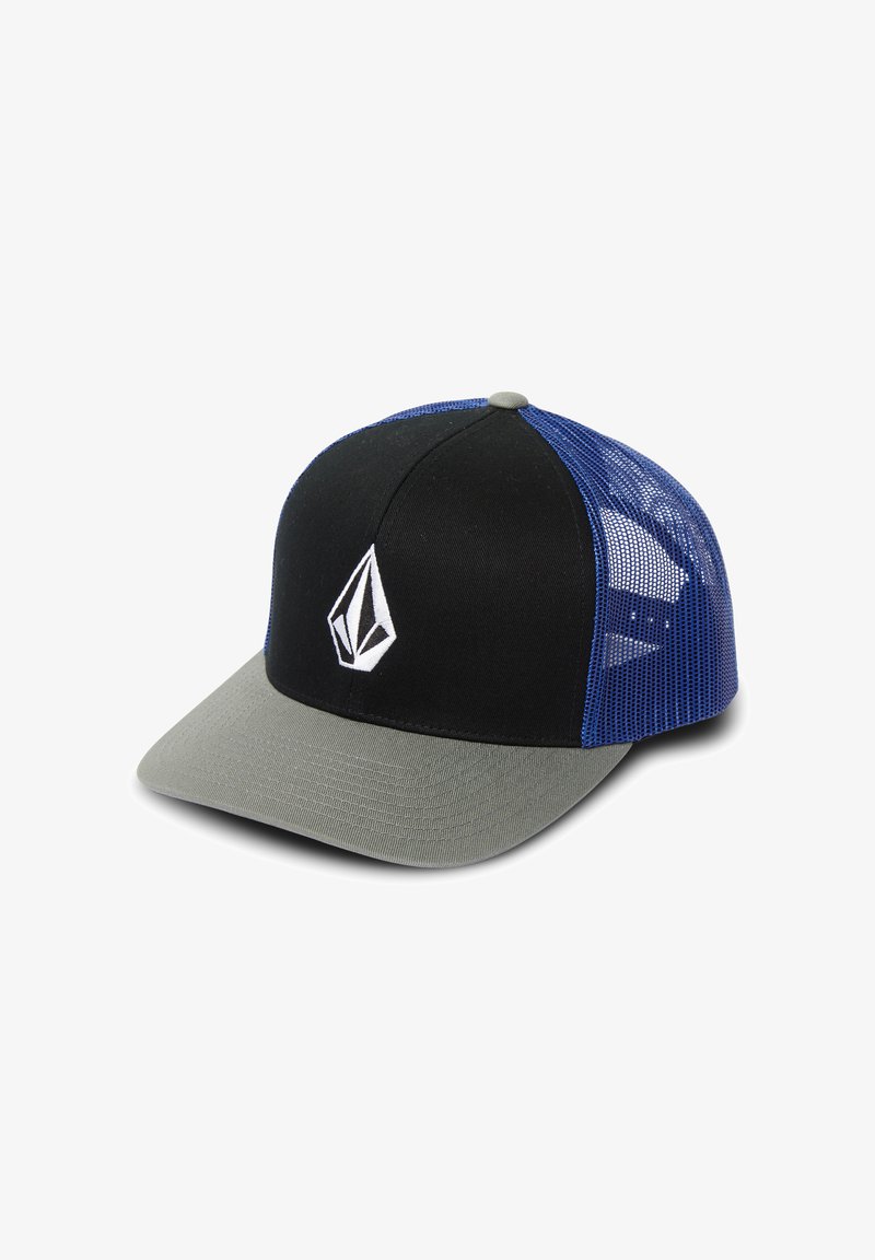 Casquette de camionneur en maillage noir et bleu avec une visière grise, présentant un logo blanc sur le panneau avant et un design structuré.