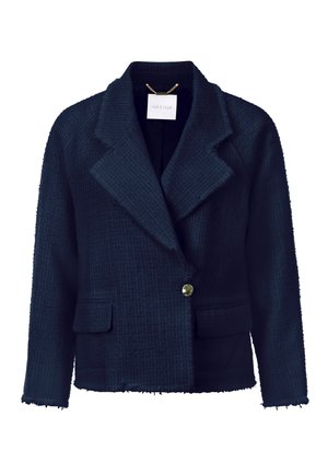 Marineblauwe structuur blazer met een notch-kraag, twee voorzakken, een enkele knoopsluiting en rafelige randen. Hardware details in goudkleur.