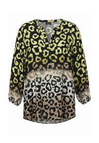 Leopardenmuster-Bluse mit V-Ausschnitt, die einen Farbverlauf von Schwarz, Grün und Beige aufweist, sowie elastische Bündchen an den Ärmeln. Leichter Stoff.