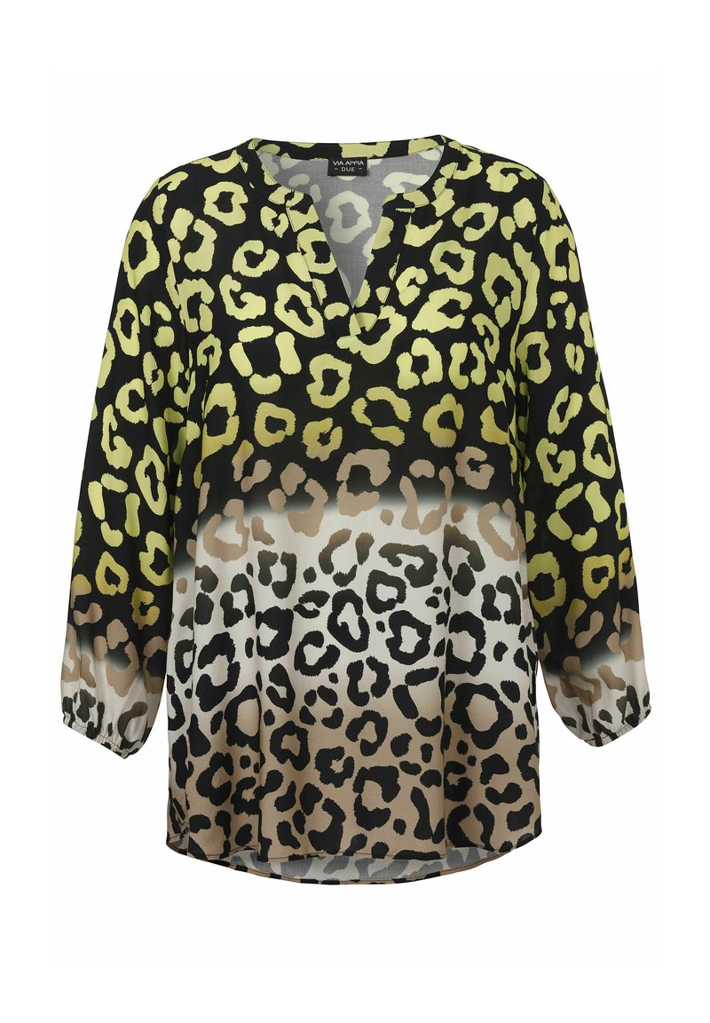 Leopardenmuster-Bluse mit V-Ausschnitt, die einen Farbverlauf von Schwarz, Grün und Beige aufweist, sowie elastische Bündchen an den Ärmeln. Leichter Stoff.