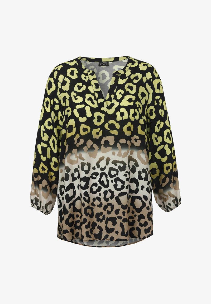 Leopardprint blouse met een V-hals, met een verloop van zwart, groen en beige kleuren, en elastische manchetten. Lichtgewicht stof.