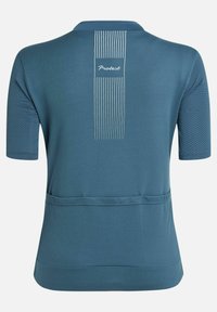 Korte mouwen, teal sportshirt met een gestructureerde afwerking. Kenmerkt een verticale streeppatroon en detail van een achterzak. Merkenlogo is zichtbaar.