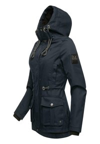 Navy blue jacket with a hood, featuring woven drawstrings, multiple pockets, and a textured fabric. Includes a patch detail on the sleeve.
