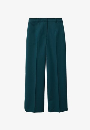 Pantaloni a gamba larga color teal con passanti per cintura e piega frontale, ideali per un look formale o business casual su sfondo bianco.