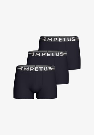 Drie paar donkerblauwe boxershorts met een grijze elastische tailleband met het "IMPETUS" logo. Glad stof met een aangesloten pasvorm.