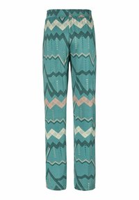 Patterned pants made from a lightweight fabric, featuring a turquoise base with zigzag and triangular designs in black and cream. Elastic waistband.