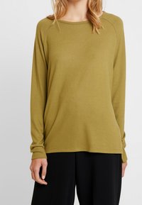 Long-sleeve olive green top with a round neckline and relaxed fit. Soft texture, ribbed accents at cuffs, paired with black pants.