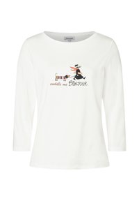 Weißes langärmliges T-Shirt aus Baumwolle mit einem Grafikdruck, der einen Hund und eine Figur zeigt, die Brot hält. Der Text lautet "kuschel mich BONJOUR."