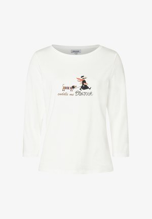 Weißes langärmliges T-Shirt aus Baumwolle mit einem Grafikdruck, der einen Hund und eine Figur zeigt, die Brot hält. Der Text lautet "kuschel mich BONJOUR."